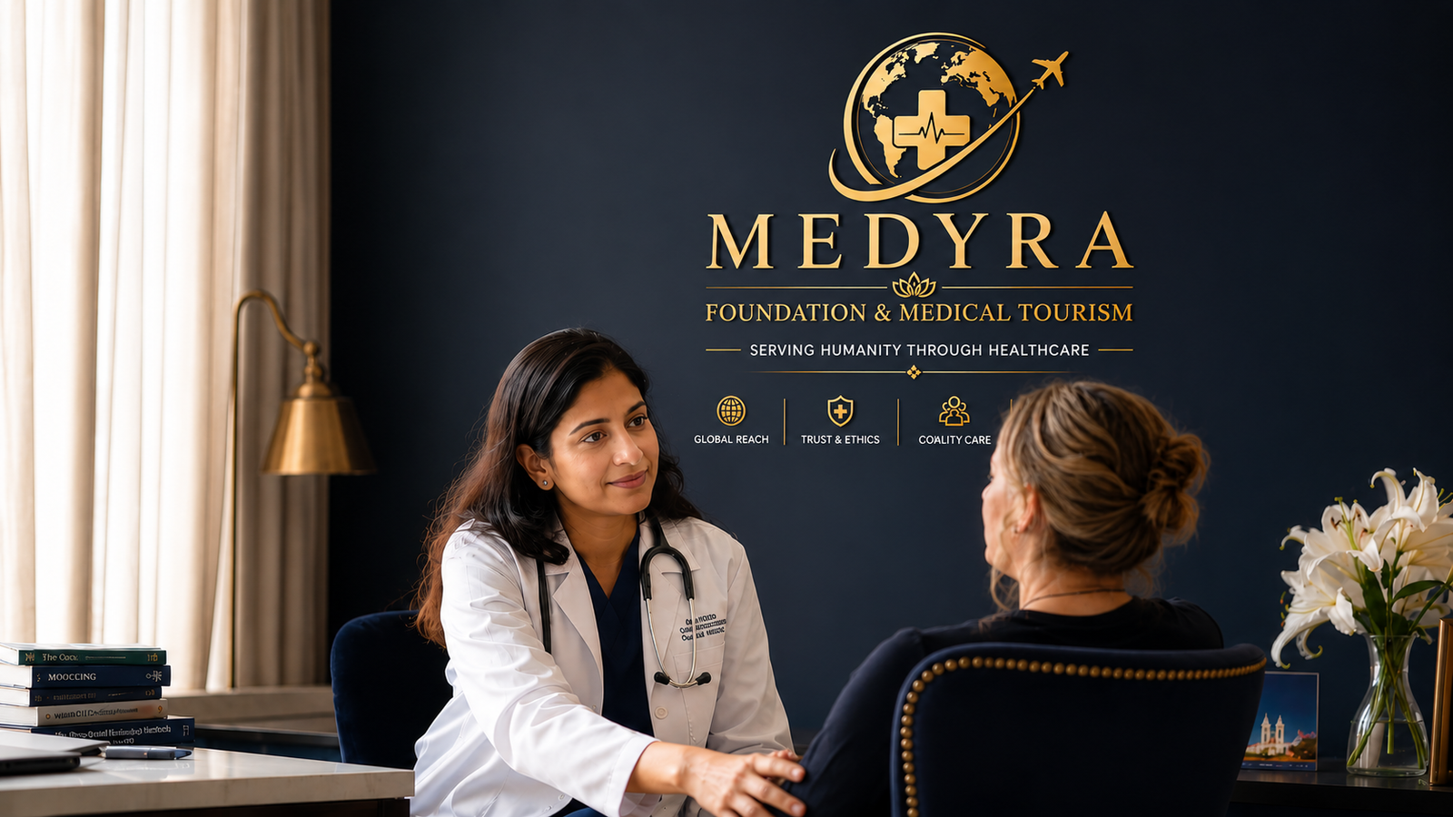 A MEDYRA consultant with a patient, beneath the MEDYRA Foundation and Medical Tourism mark